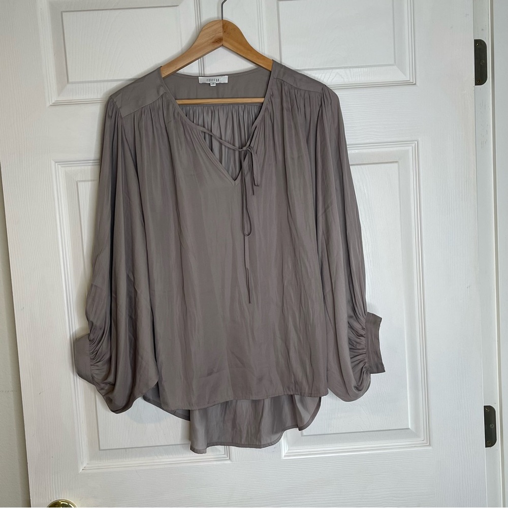 Fun 2 Fun Taupe Blouse with Tie Neck